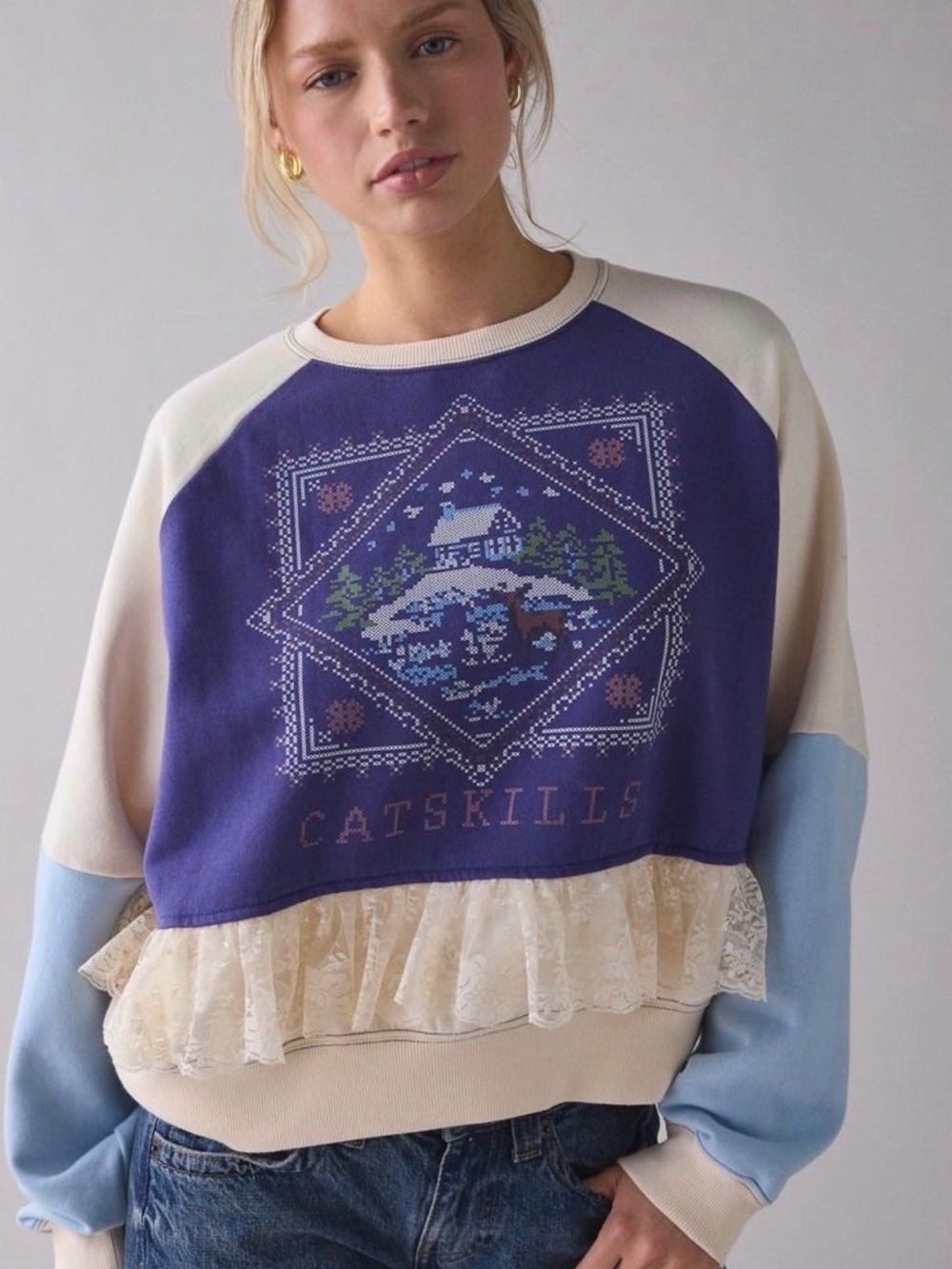 BDG Catskills Blue and Cream Lace-Hem Pullover Sweatshirt